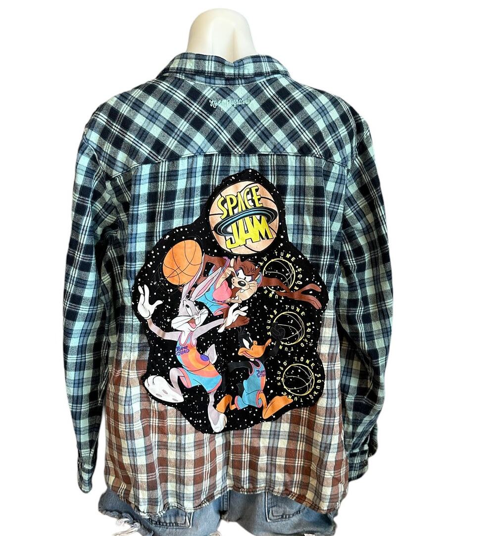 Space Jam Flannel Plaid Shirt 3XL Oversize One of Kind Blue Shacket Bugs Bunny